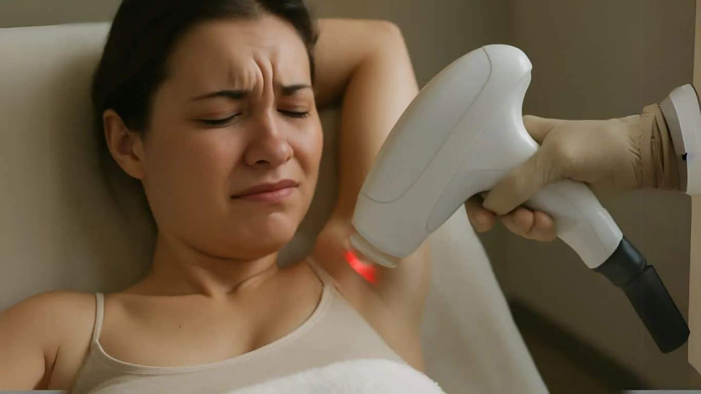 ragazza fa epilazione laser con espressione di fastidio