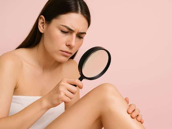 ragazza che ha fatto epilazione laser controlla con lente d'ingrandimento i risultati sulle gambe