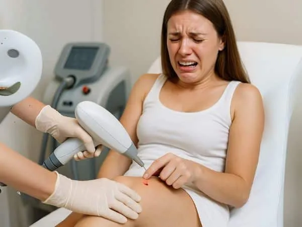 ragazza prova dolore al neo durante un trattamento laser