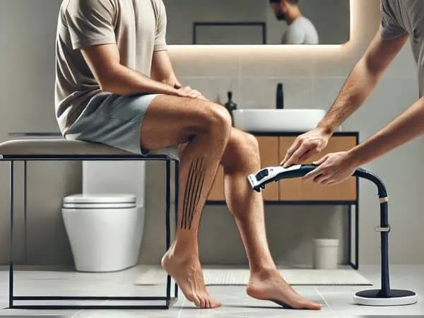 depilazione gambe uomo con rasoio e un professionista